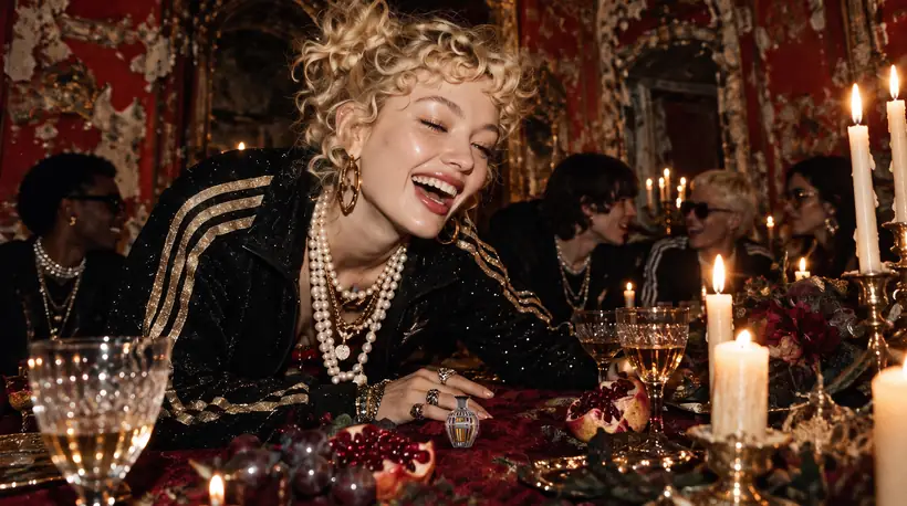 A laughing guest in a sequinned top and long pearls holds the crystal-covered flacon up at a candlelit dinner, other guests blurred behind her